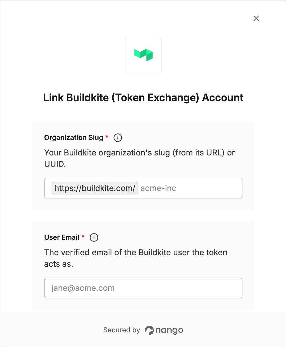 Nango Connect UI form for entering the Buildkite organization slug and user email
