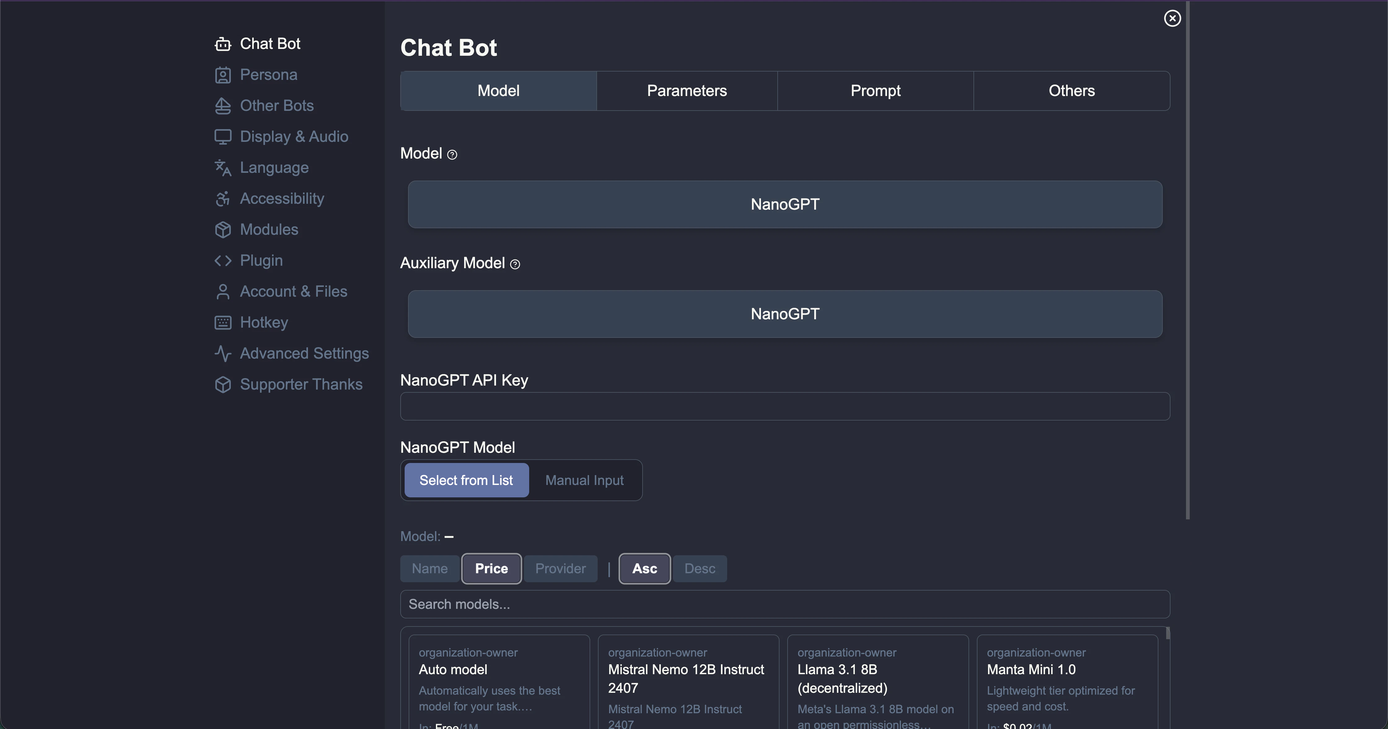 Open the Chat Bot settings panel in RisuAI