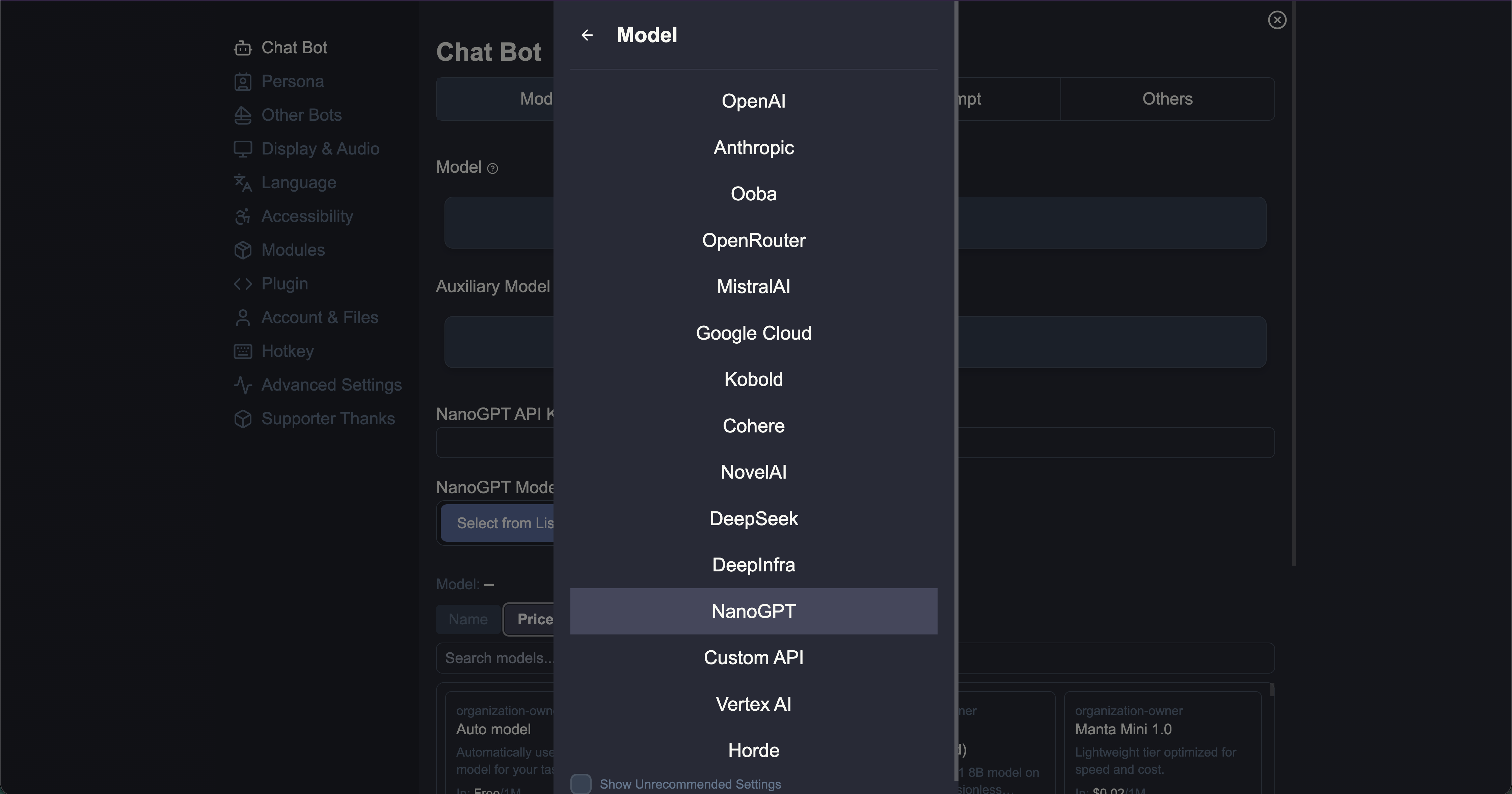 Set both Model and Auxiliary Model to NanoGPT in RisuAI