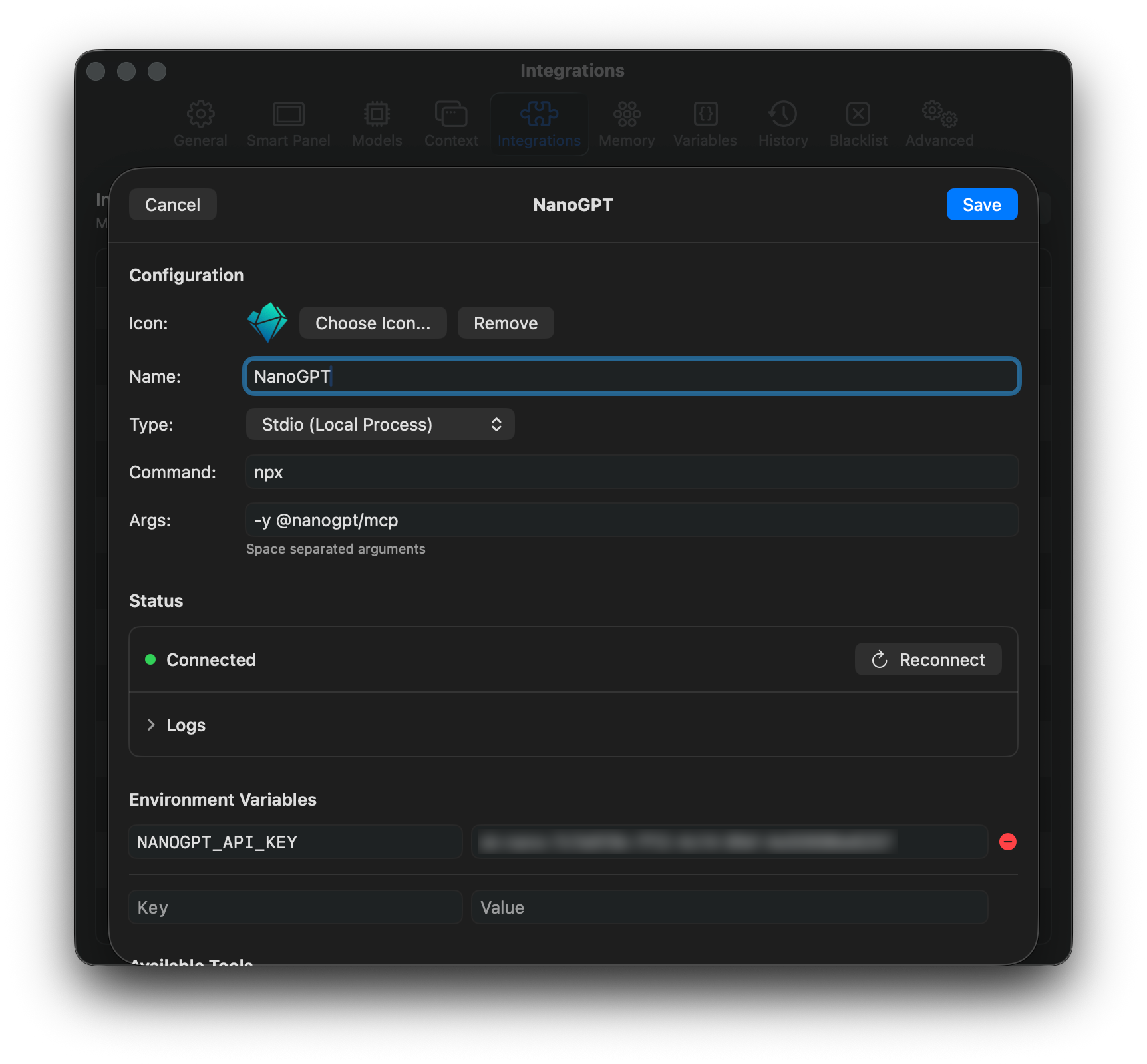 NanoGPT MCP configured as a Fluent integration