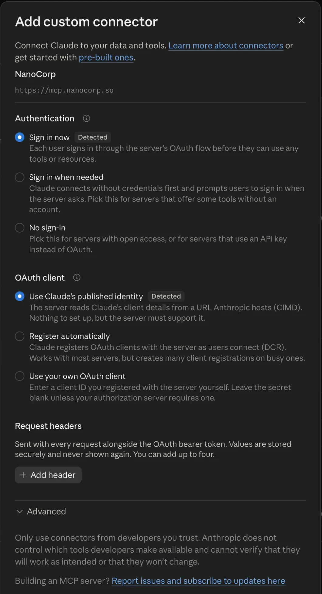 Claude's Add custom connector form with NanoCorp at https://mcp.nanocorp.so, Sign in now and Use Claude's published identity selected