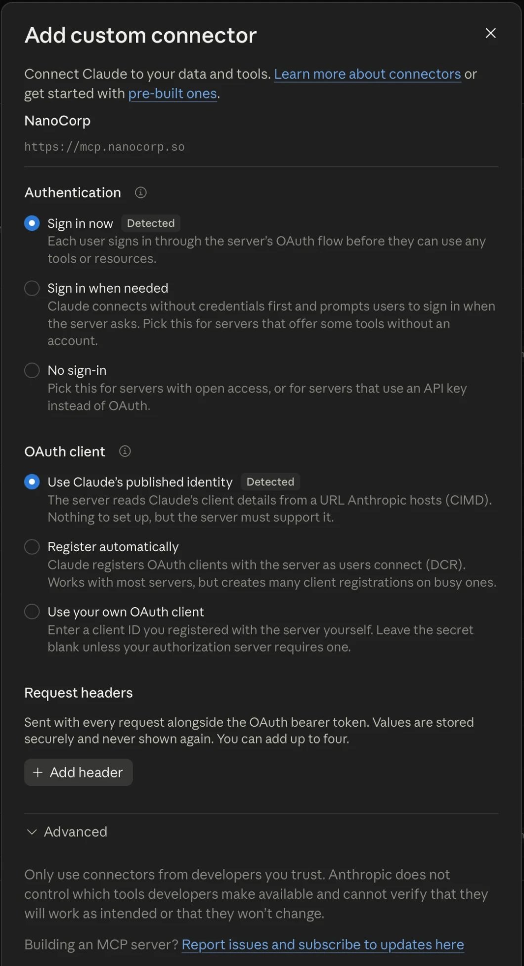 Claude's Add custom connector form with NanoCorp at https://mcp.nanocorp.so, Sign in now and Use Claude's published identity selected