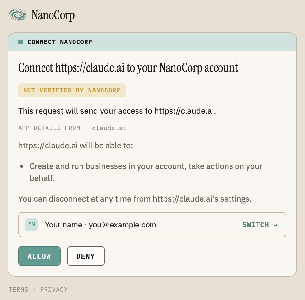The NanoCorp confirmation page: Connect https://claude.ai to your NanoCorp account, with Allow and Deny buttons