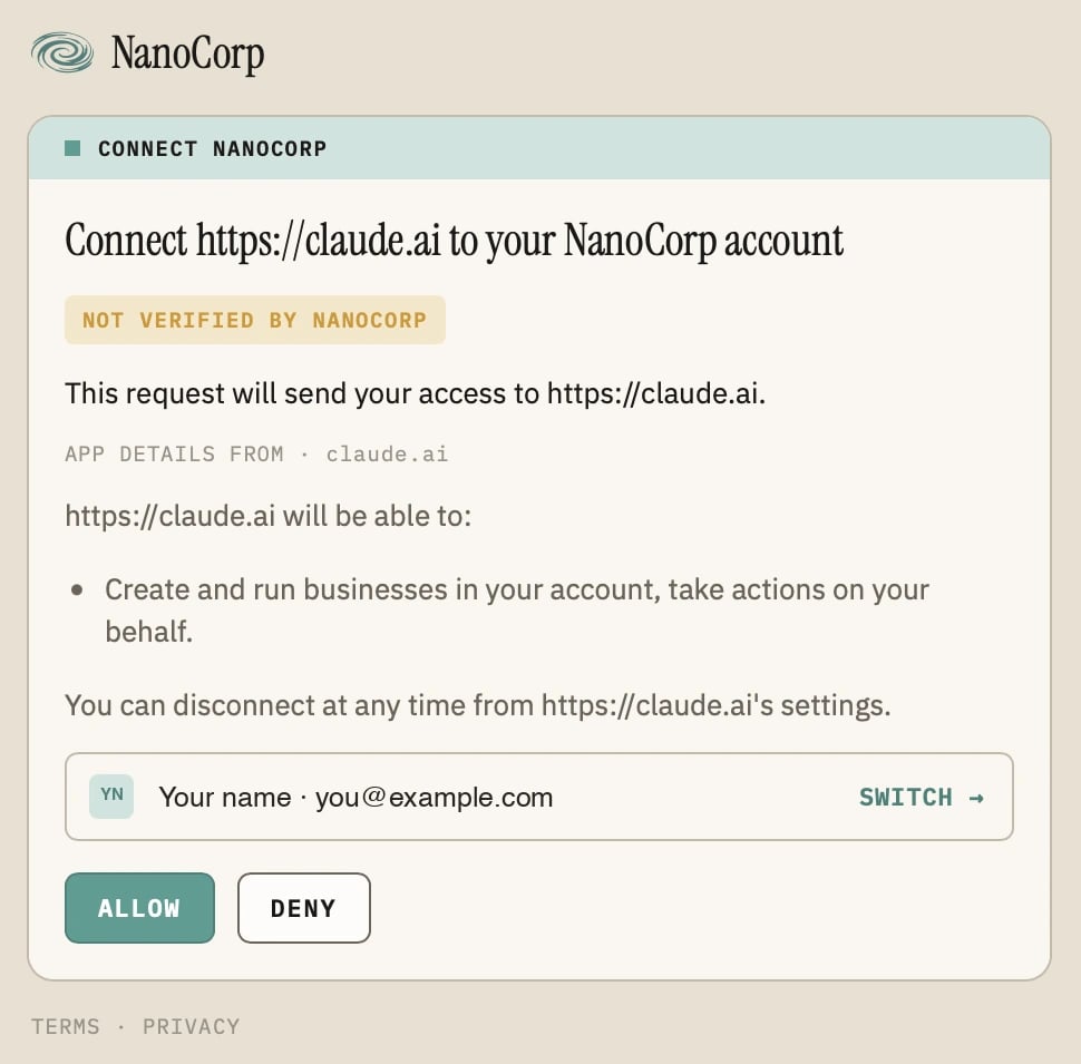 The NanoCorp confirmation page: Connect https://claude.ai to your NanoCorp account, with Allow and Deny buttons