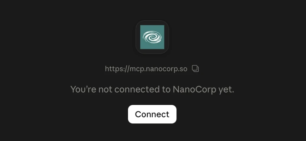 The NanoCorp connector in Claude's settings, not connected yet, with a Connect button