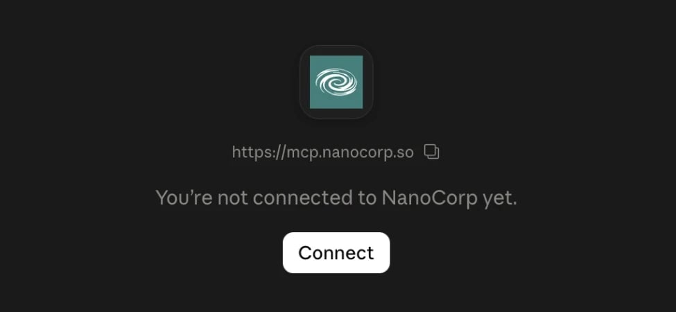 The NanoCorp connector in Claude's settings, not connected yet, with a Connect button