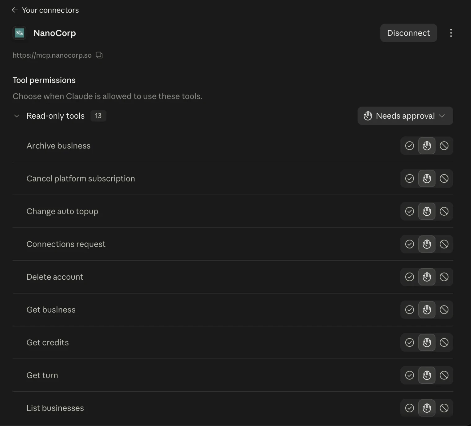 NanoCorp connected in Claude's settings, with the Disconnect button and the tool permissions list