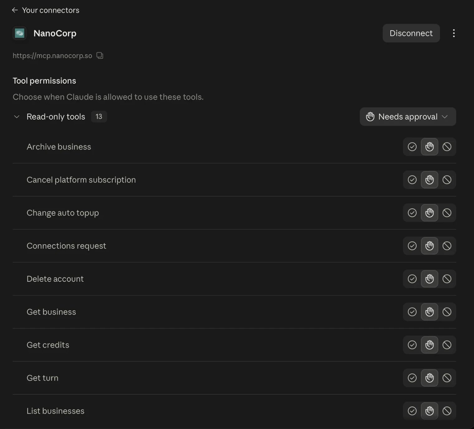 NanoCorp connected in Claude's settings, with the Disconnect button and the tool permissions list