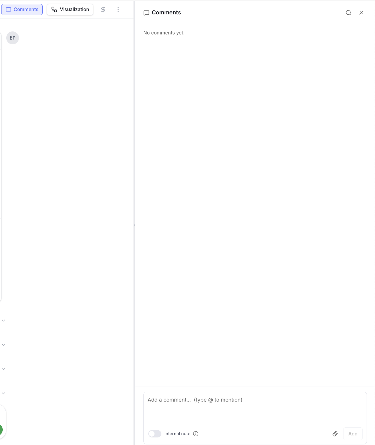 The comments panel open next to a task, showing an empty thread and the comment box