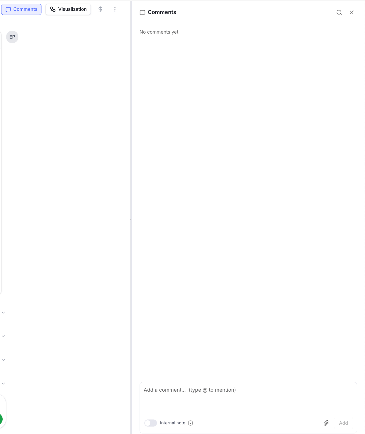 The comments panel open next to a task, showing an empty thread and the comment box