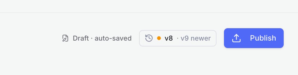 Agent editor header showing Draft auto-saved, active version chip, and Publish button