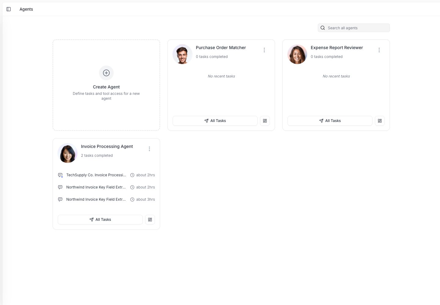Agents page showing existing agents and the Create Agent option