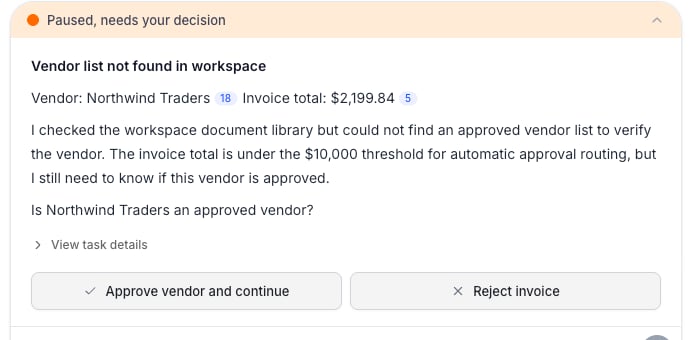 A task awaiting review showing a payment approval prompt with Approve, Request changes, and Reject actions