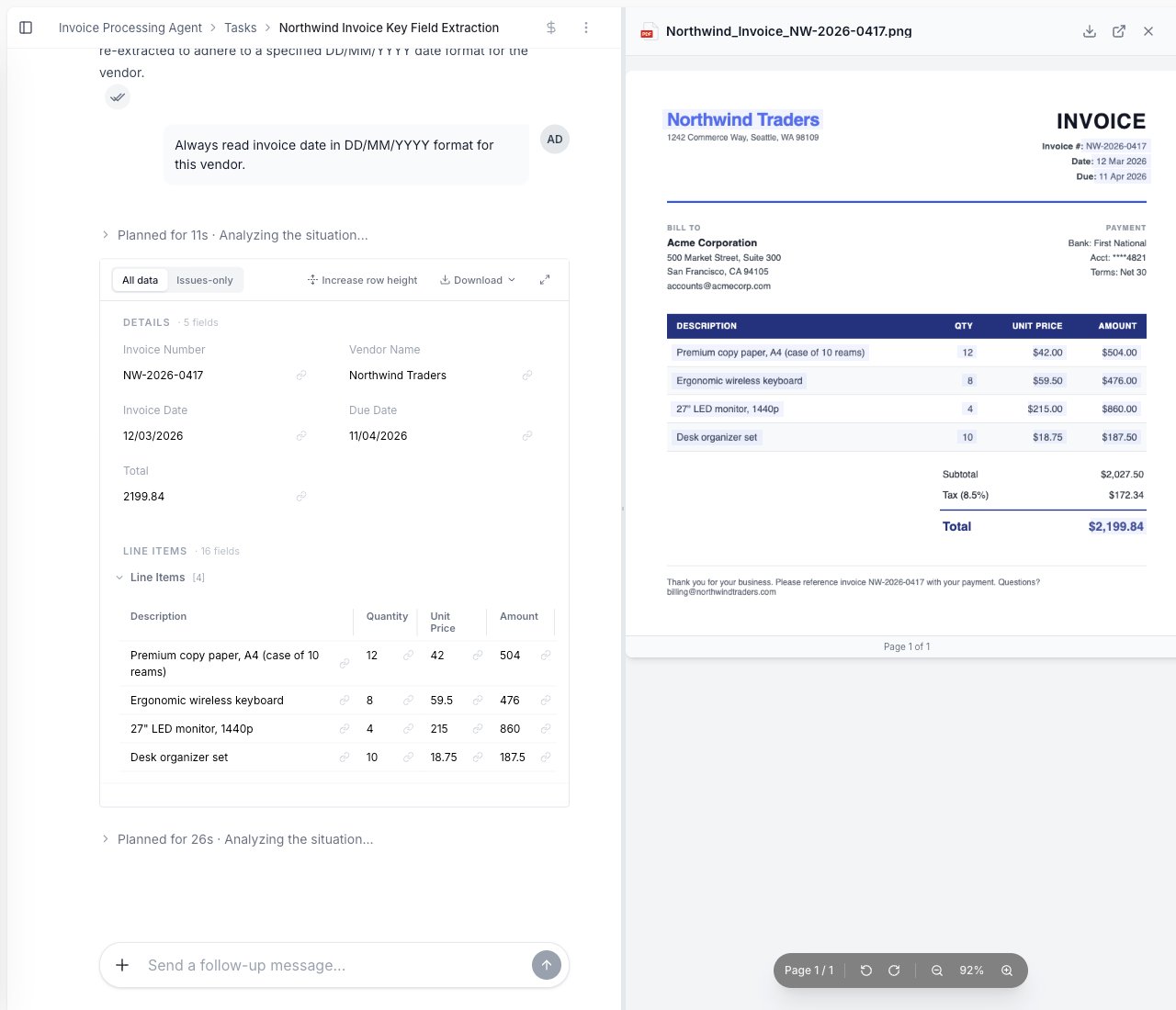 A task feed where a chat instruction prompts the agent to re-read the invoice date in DD/MM/YYYY format