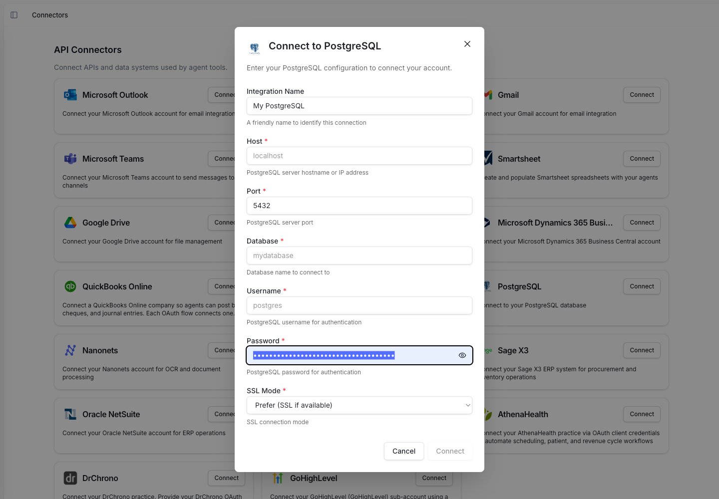 Connect to PostgreSQL pop-up window with fields for host, port, database, and username