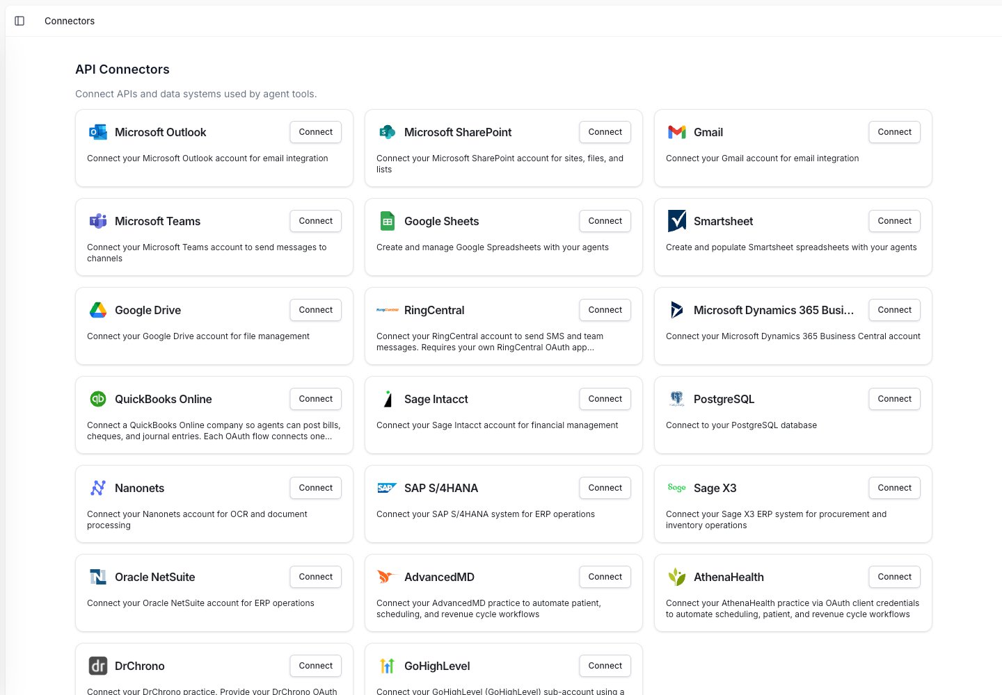 Connectors page showing available integrations like Outlook, Gmail, Google Sheets, QuickBooks, and SAP