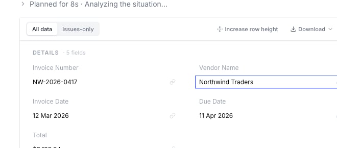 A task's extracted data with a field value being edited