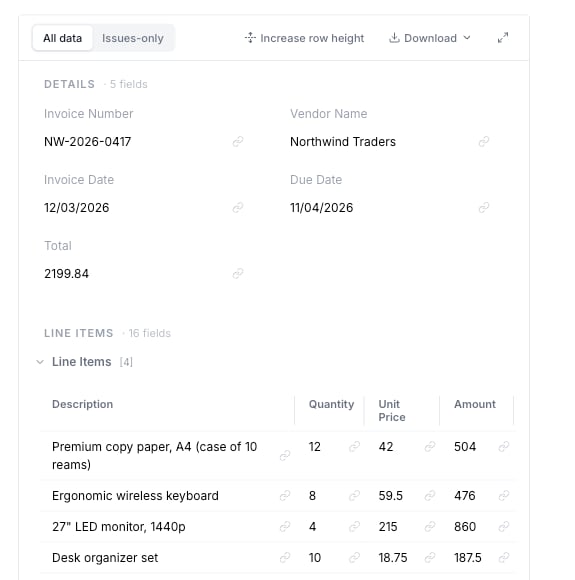 Data Extraction result panel showing extracted invoice fields and a line-items table