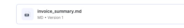 Task feed showing a generated file, invoice_summary.md, as a downloadable result