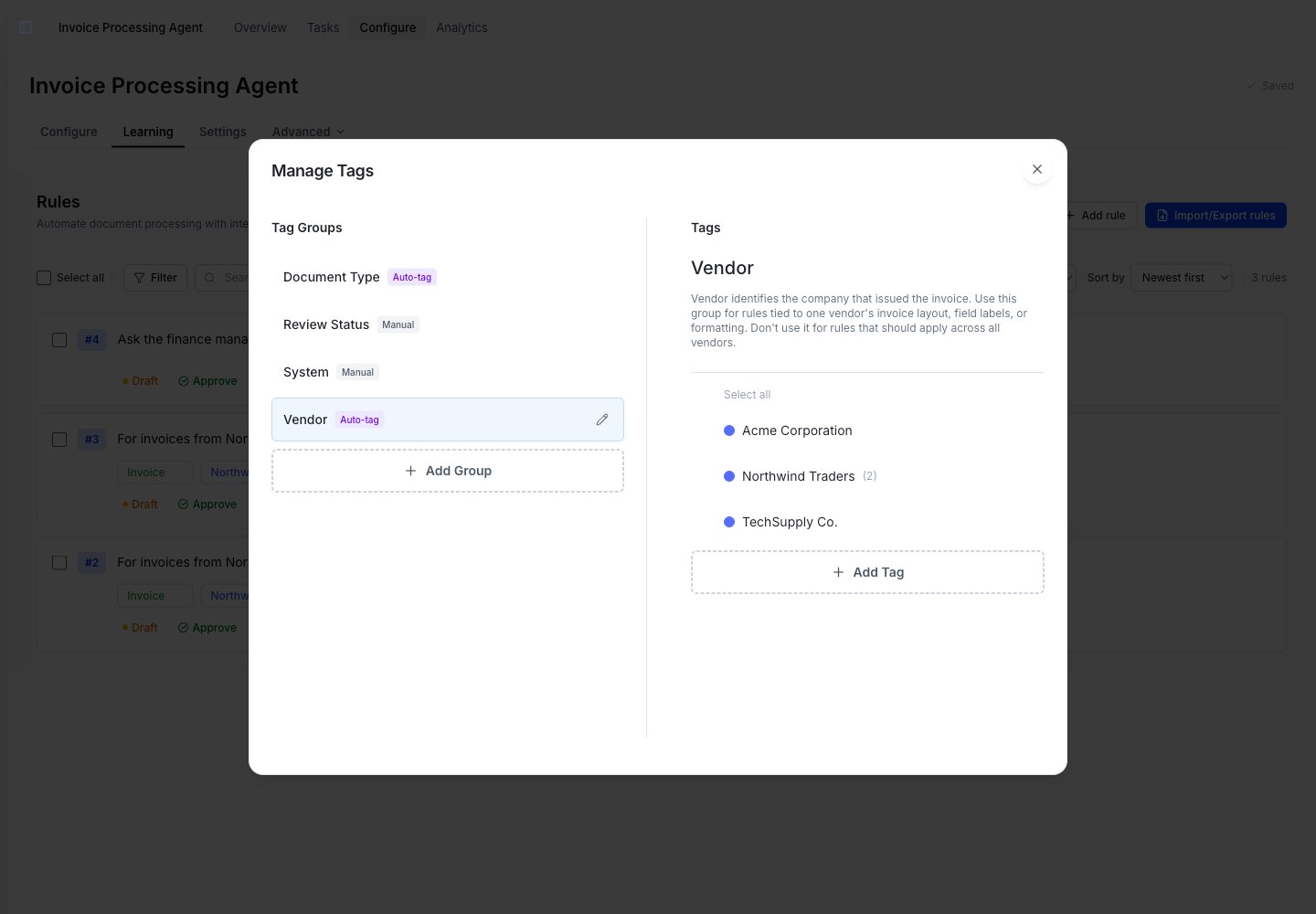 Manage Tags showing a Vendor group with an Auto-tag label and its values, and a Review Status group with a Manual label