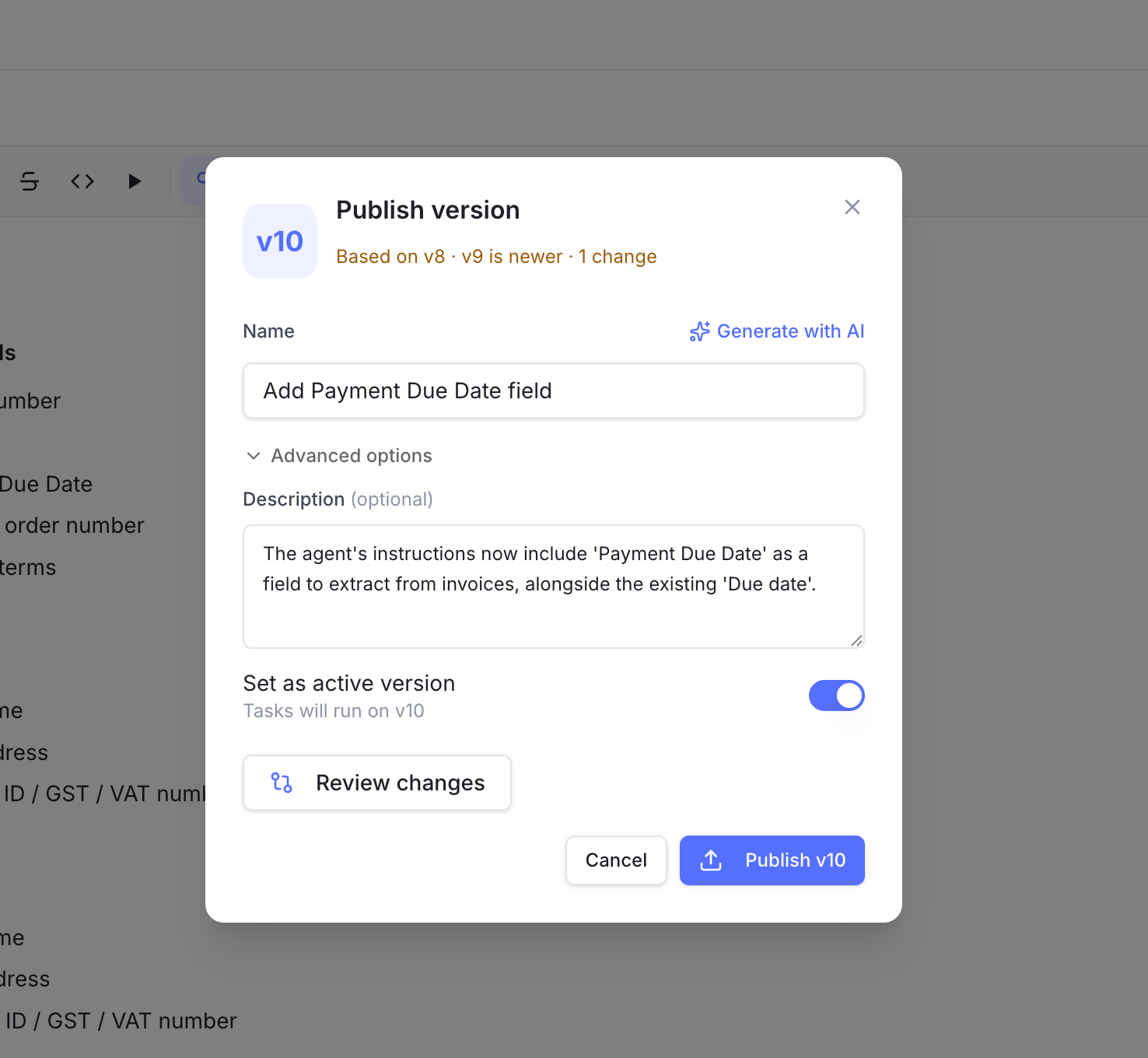 Publish version dialog showing version number, name, generated description, Review changes, Set as active version, and Publish button