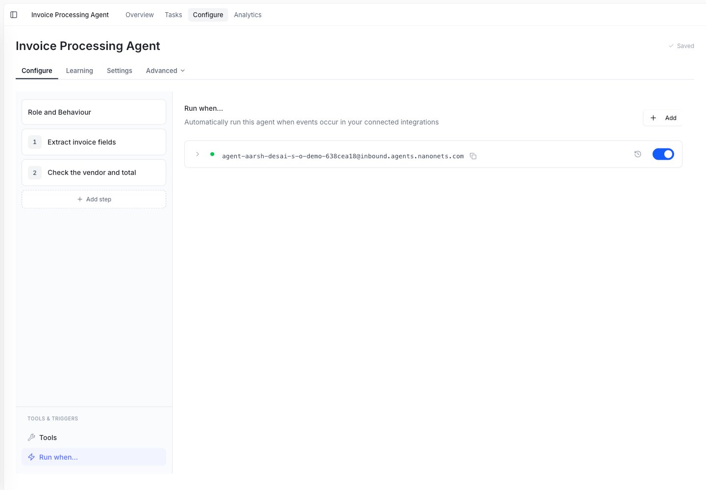 Run when panel showing an inbound email trigger with an enable toggle and Add button