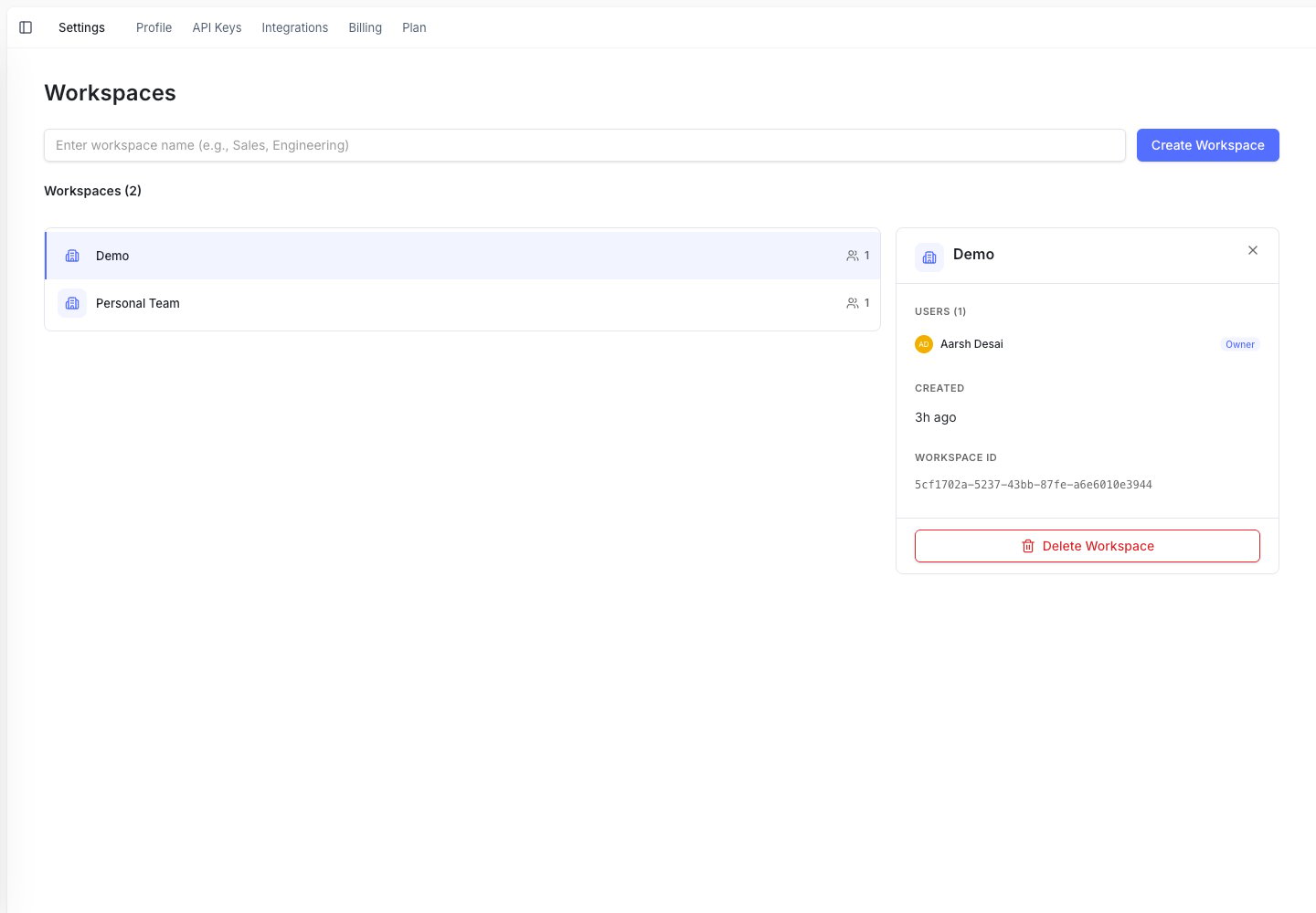 Settings Workspaces page showing a workspace, its members, and management actions