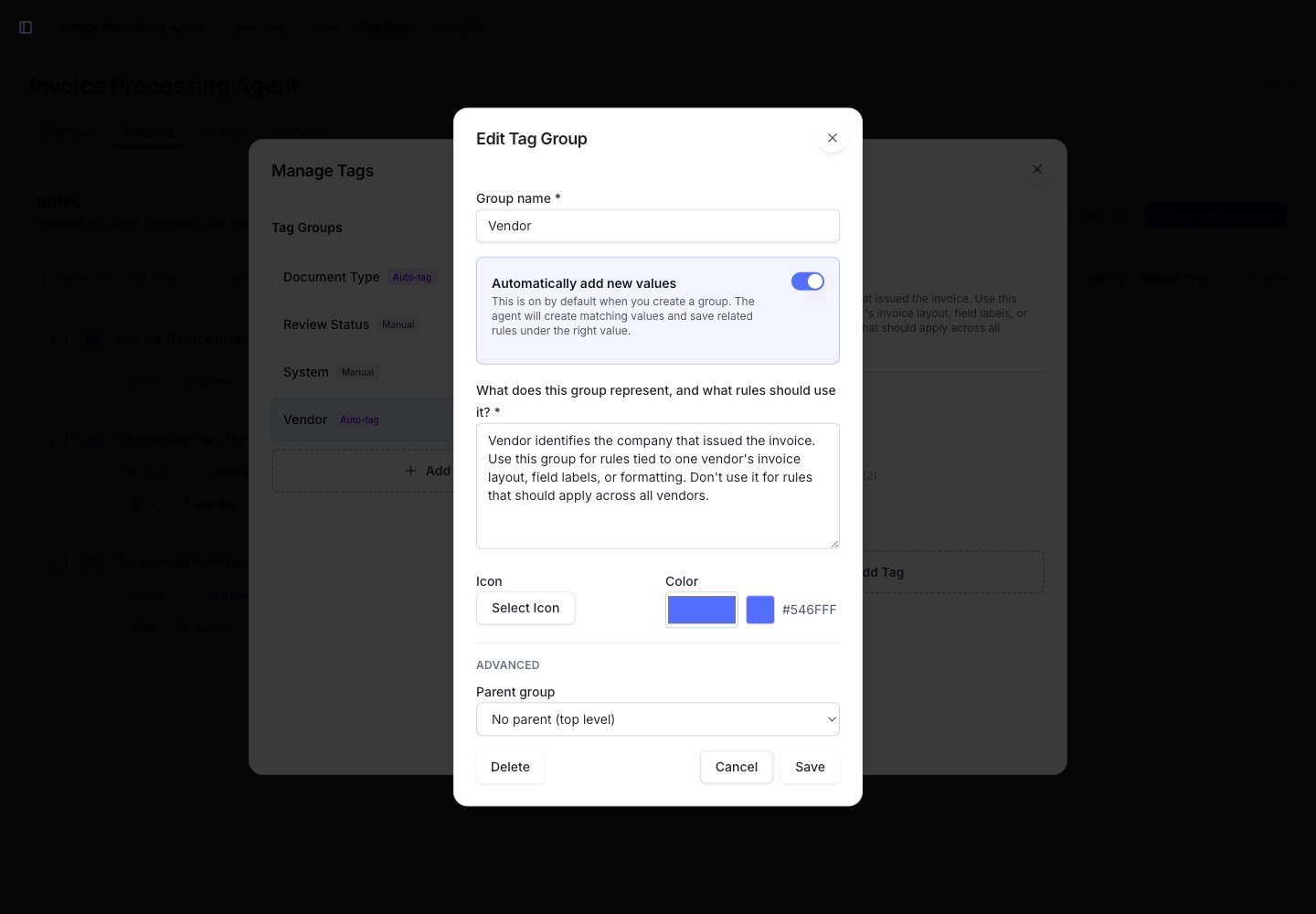 Tag group editor with the Automatically add new values toggle on and a filled-in Vendor description