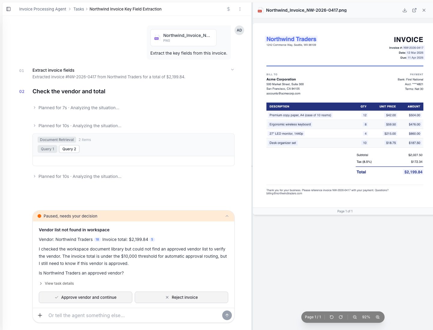 Task feed showing the agent's steps and final result for an invoice