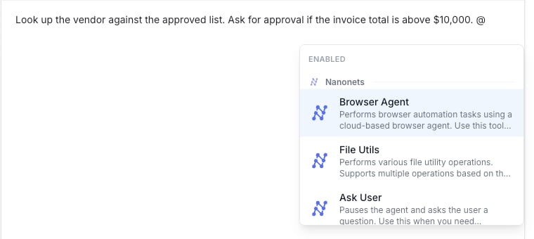 A step's instructions showing the @ tool menu with selectable tools