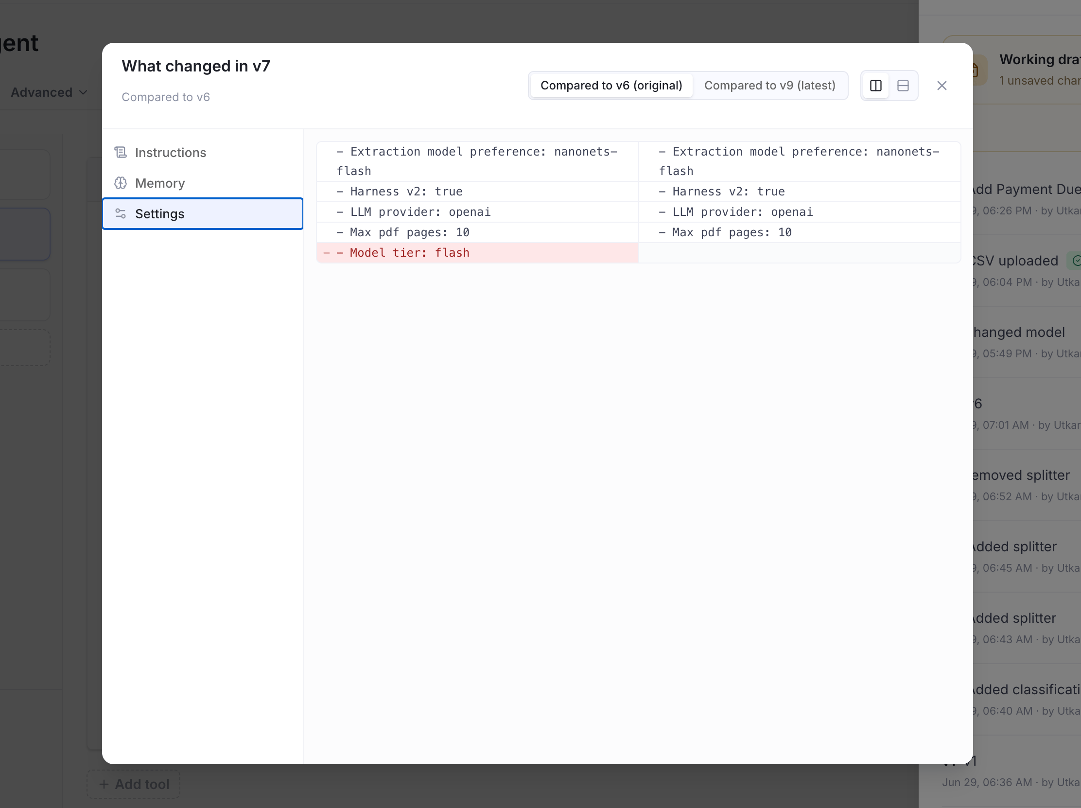 Version changes dialog showing a side-by-side diff for version settings