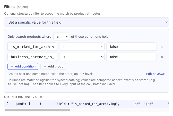 The filters field as condition rows