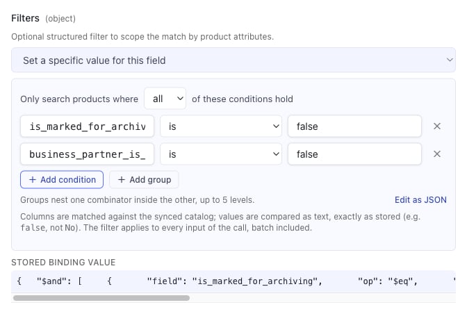 The filters field as condition rows