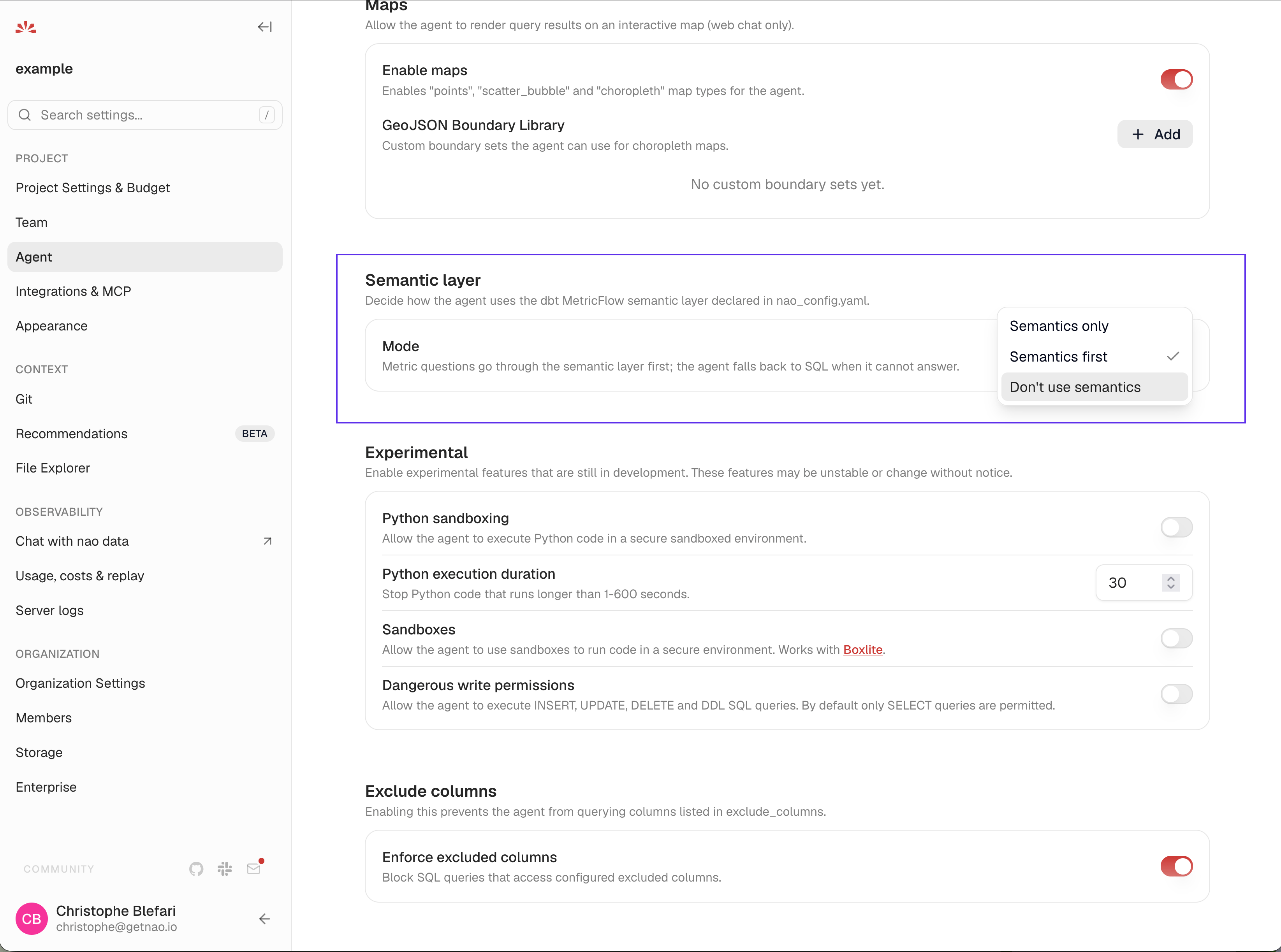 The Semantic layer card in the Agent settings, with the Mode dropdown open on Semantics only, Semantics first and Don't use semantics