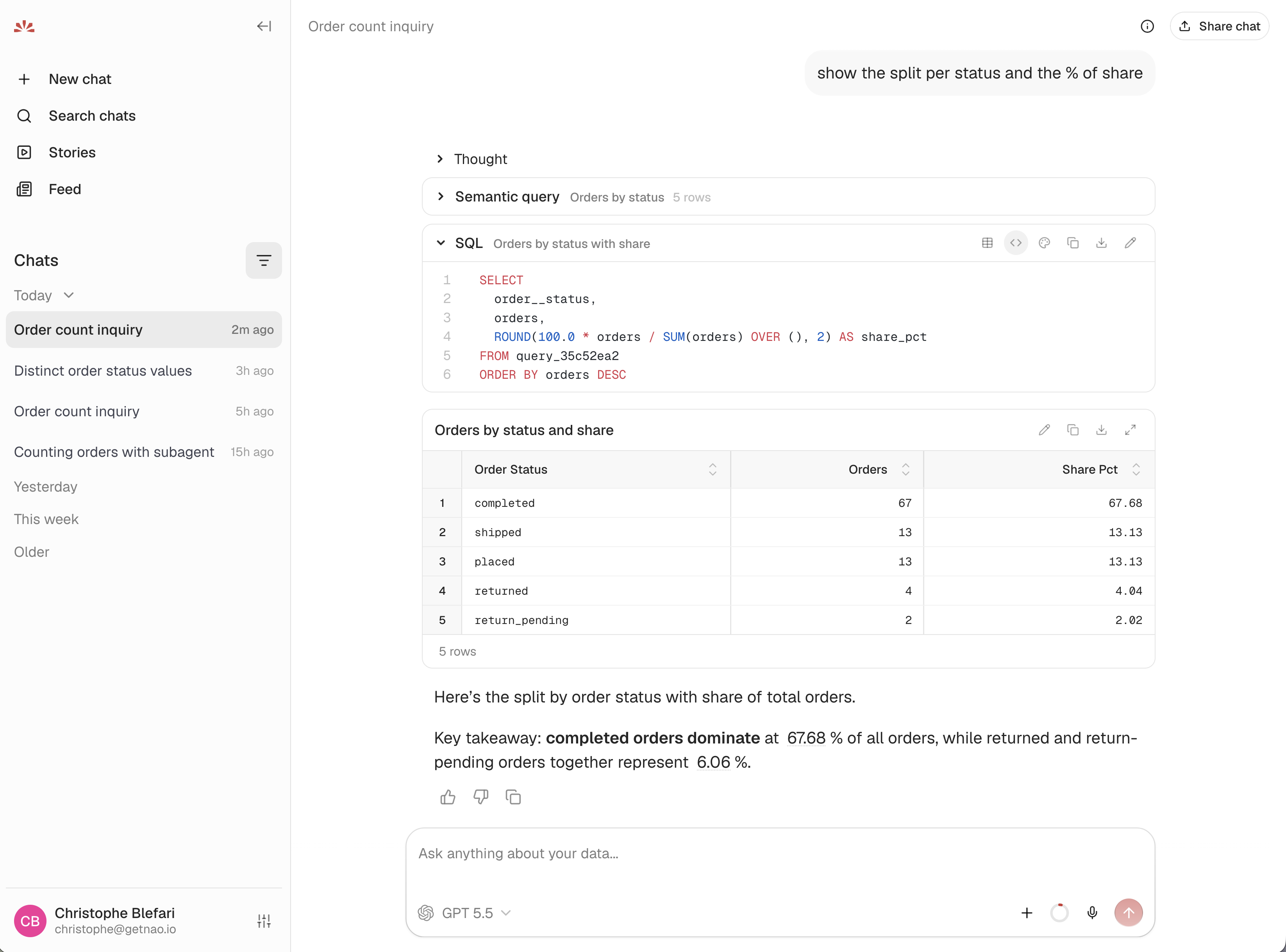 A follow-up where a semantic query returns orders by status and a SQL query on its query id computes each status's share
