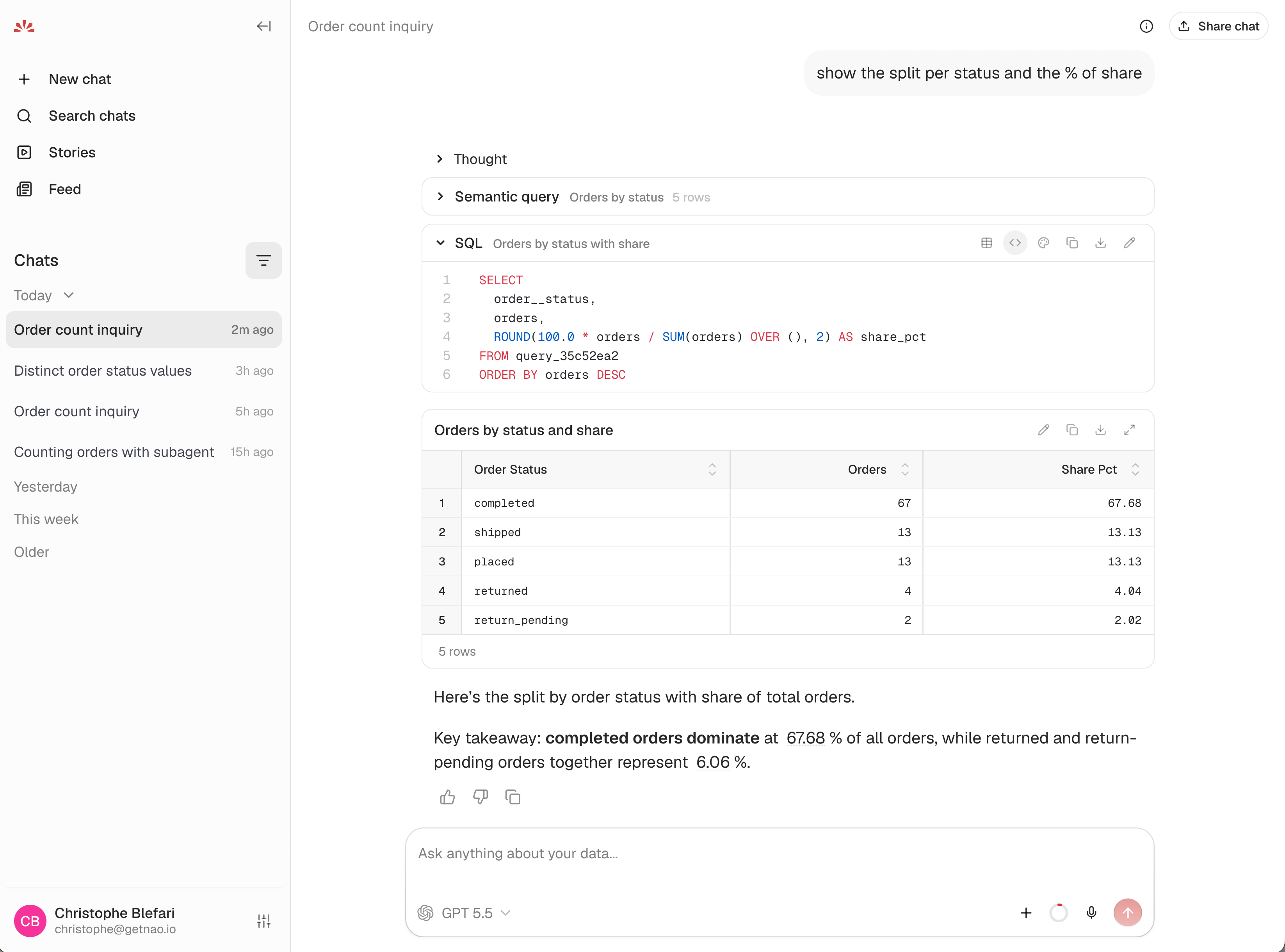 A follow-up where a semantic query returns orders by status and a SQL query on its query id computes each status's share