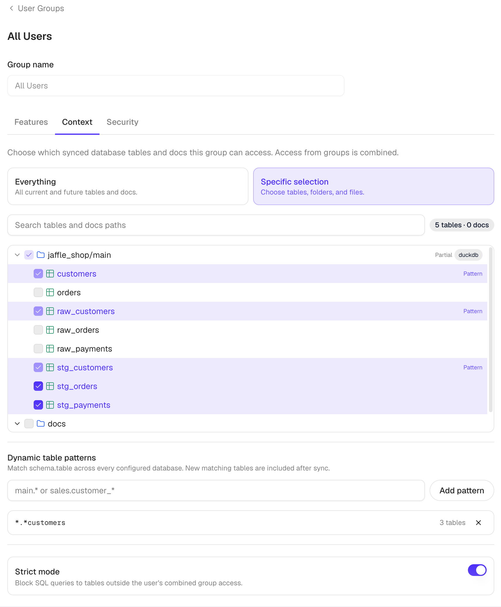 Context tab with selected tables, a dynamic table pattern, and Strict mode