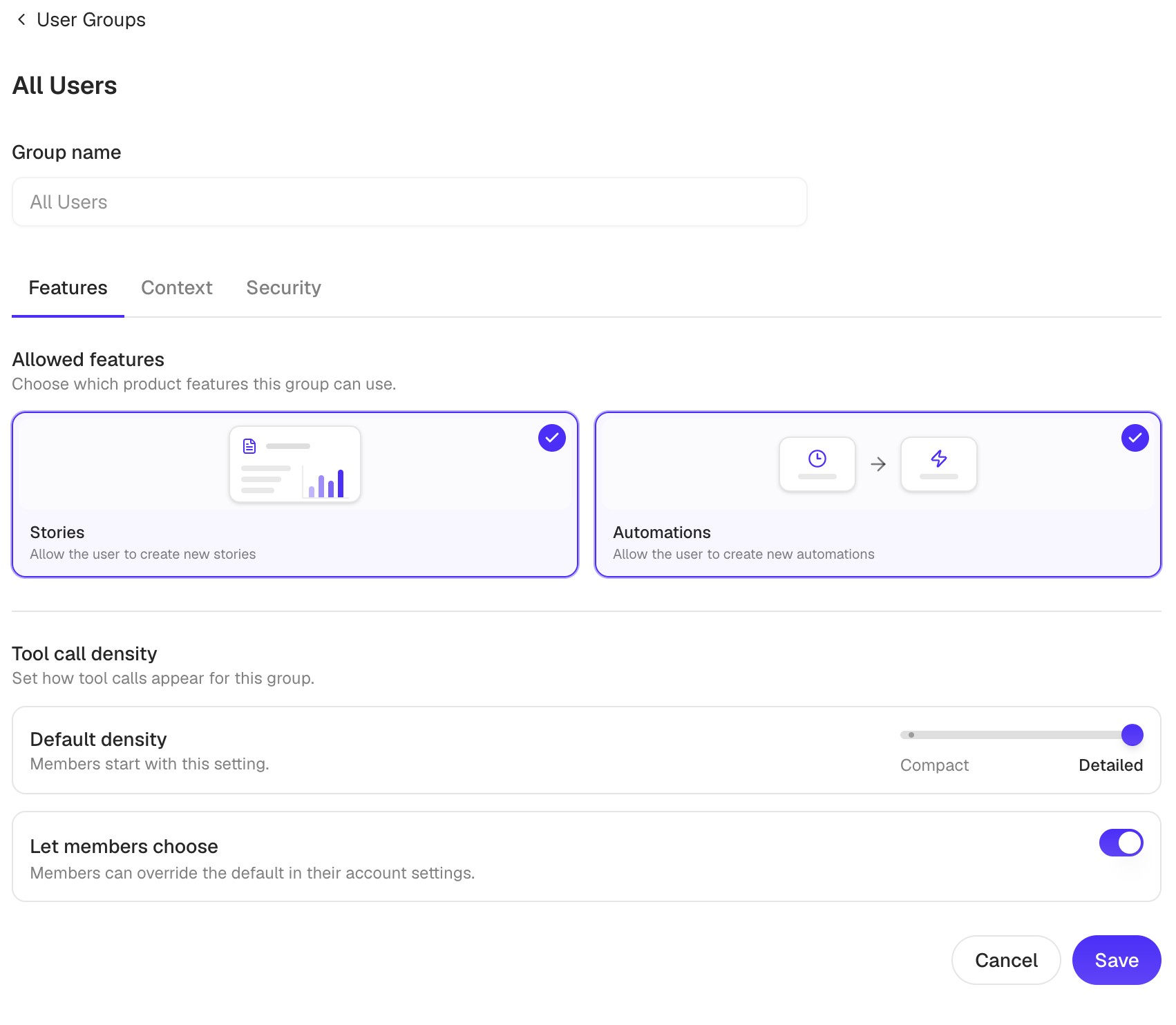 Features tab with Stories, Automations, and tool-call detail settings