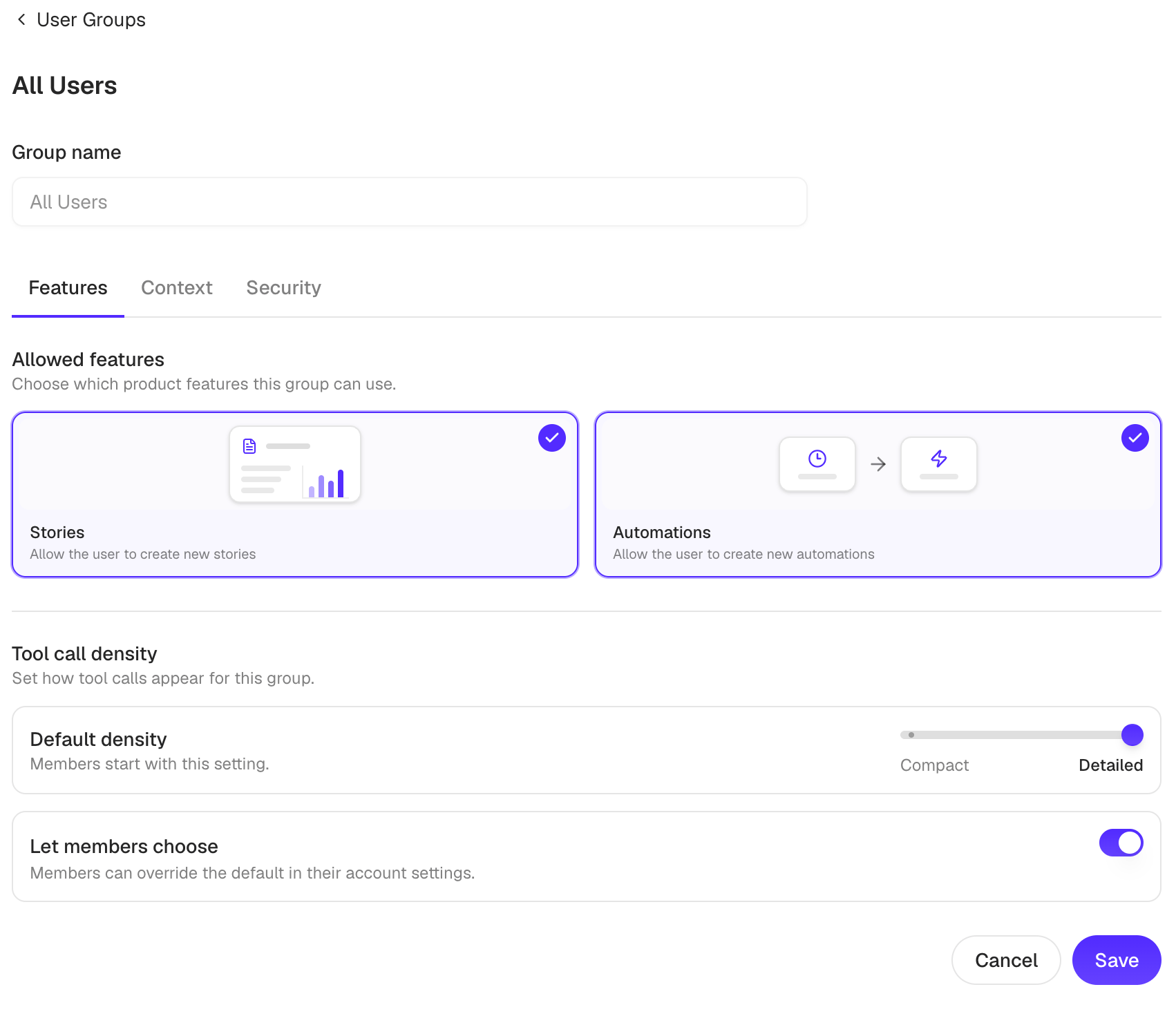 Features tab with Stories, Automations, and tool-call detail settings
