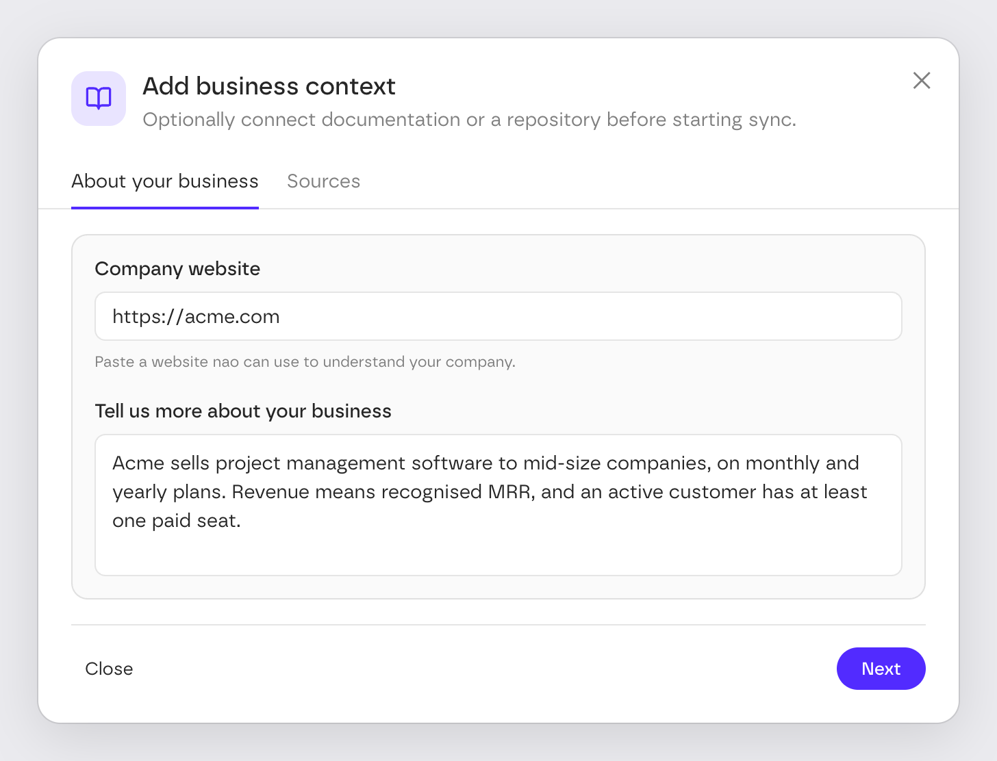 The About your business tab with the company website and business description fields