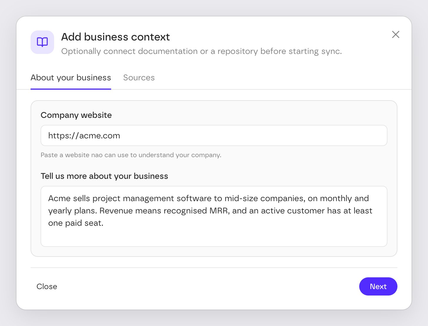 The About your business tab with the company website and business description fields