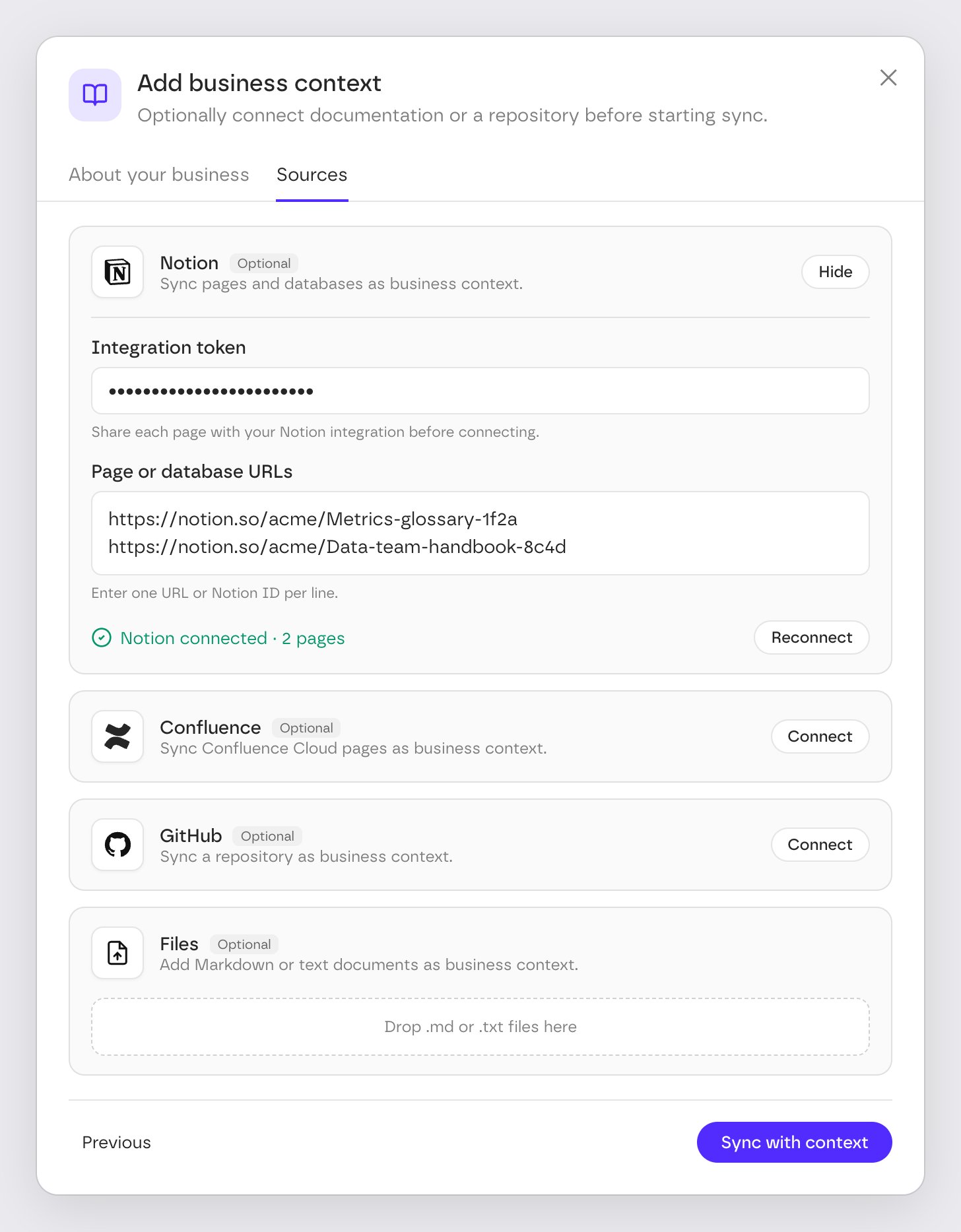 The Sources tab with Notion connected, and Confluence, GitHub and Files available