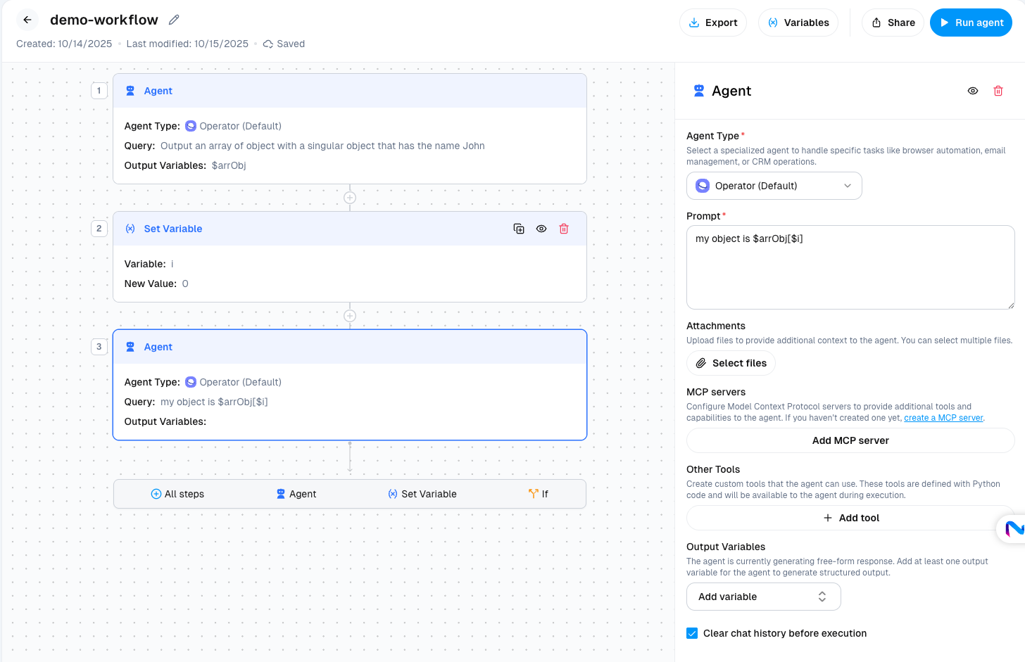 Agent Builder showing an agent step configuration
