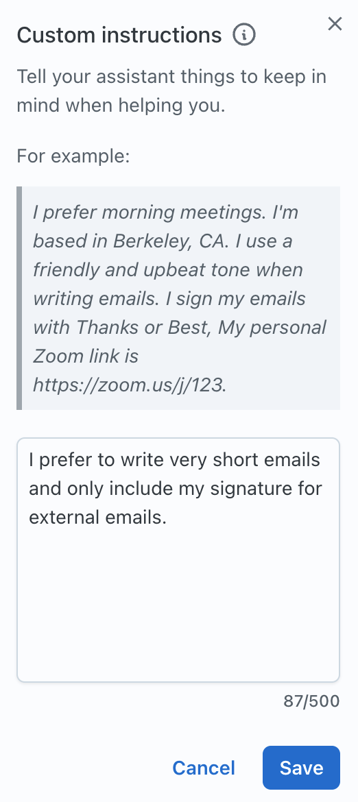 Saving custom instructions with personal preferences