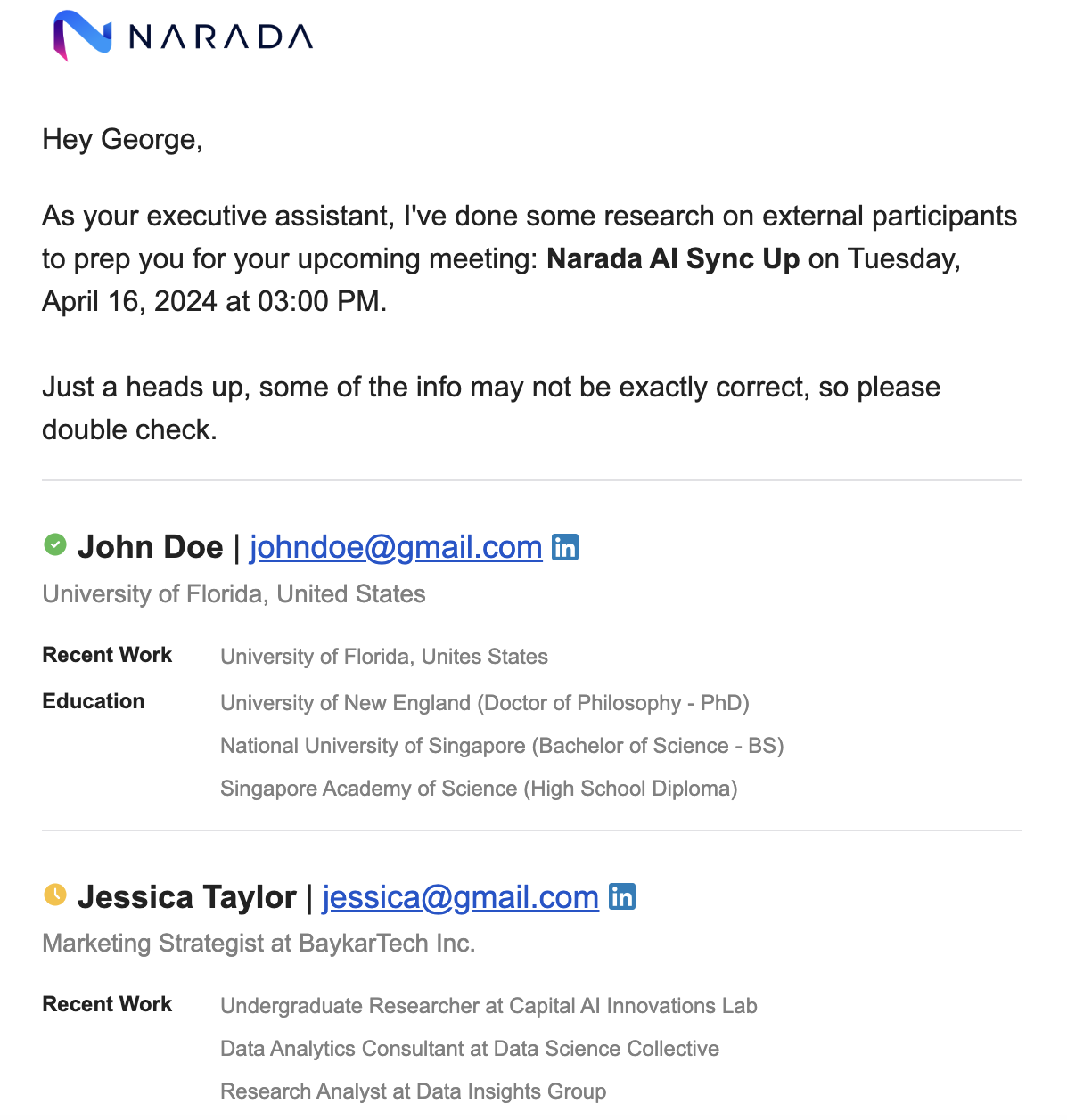 Sample morning brief email showing meeting details and attendee information