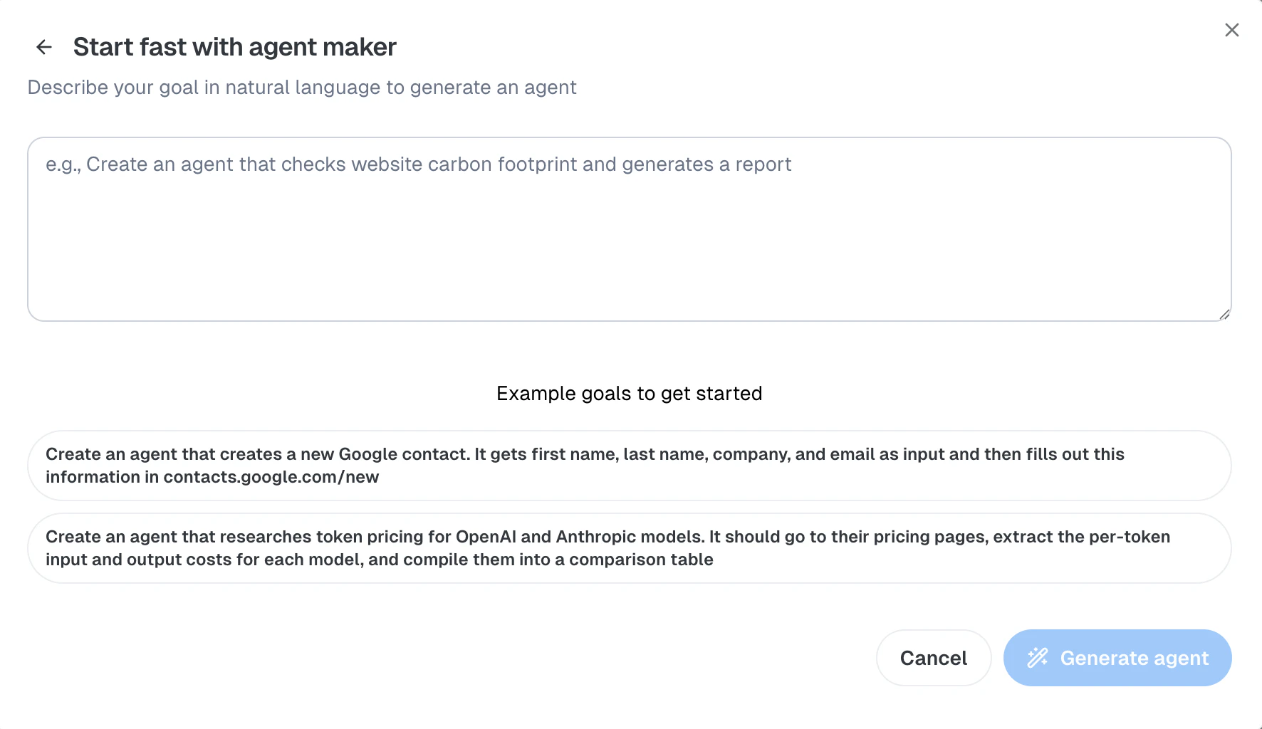 Agent Maker dialog with goal input and example goals