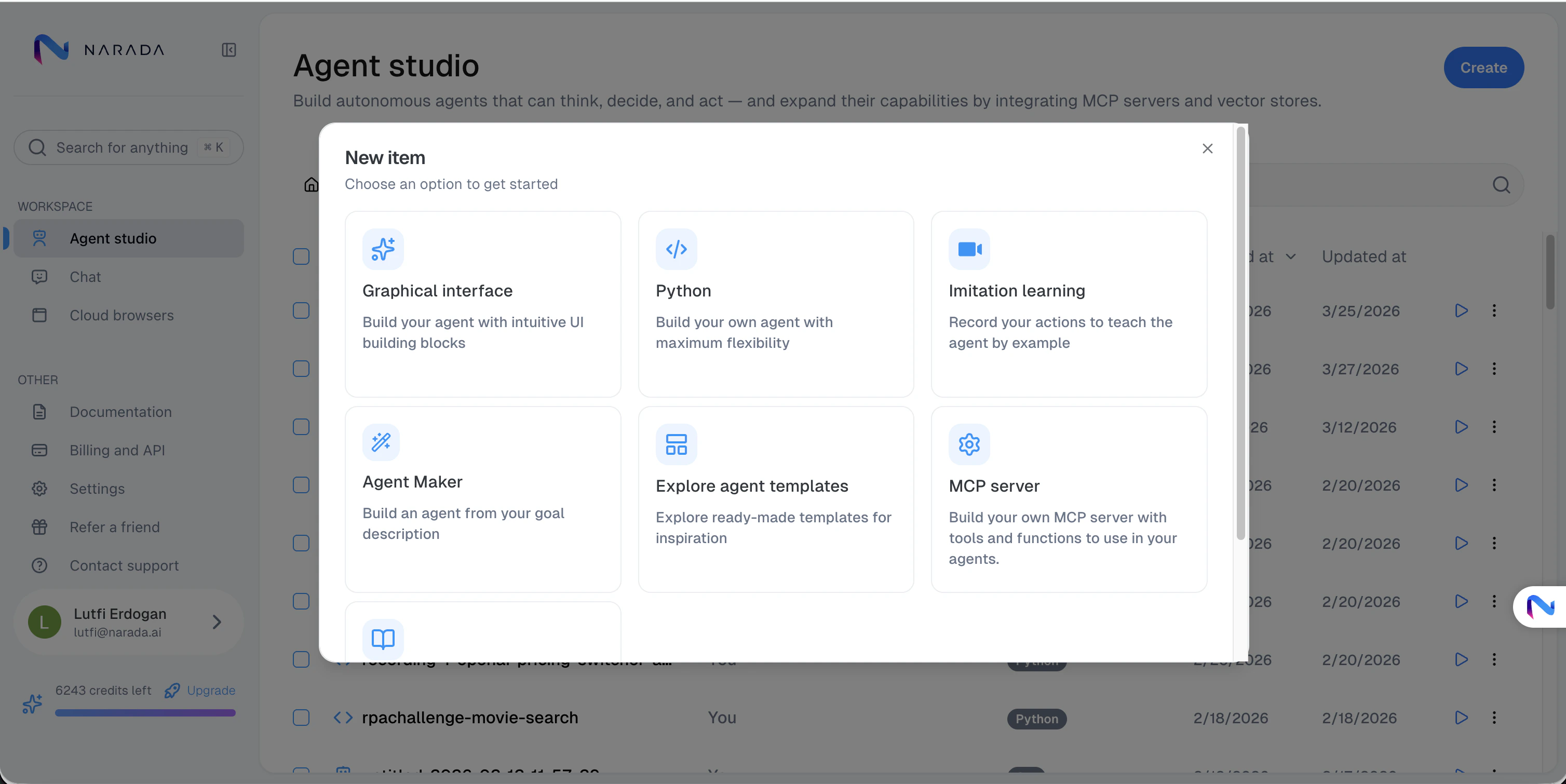 Agent Studio create dialog showing all creation options