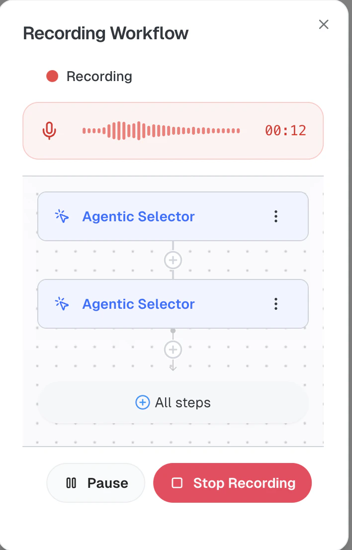 Active recording UI showing red recording indicator, timer, and audio waveform