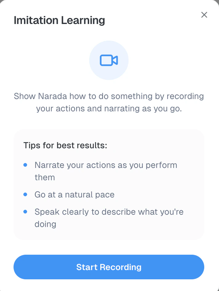 Imitation Learning intro screen with tips and Start Recording button