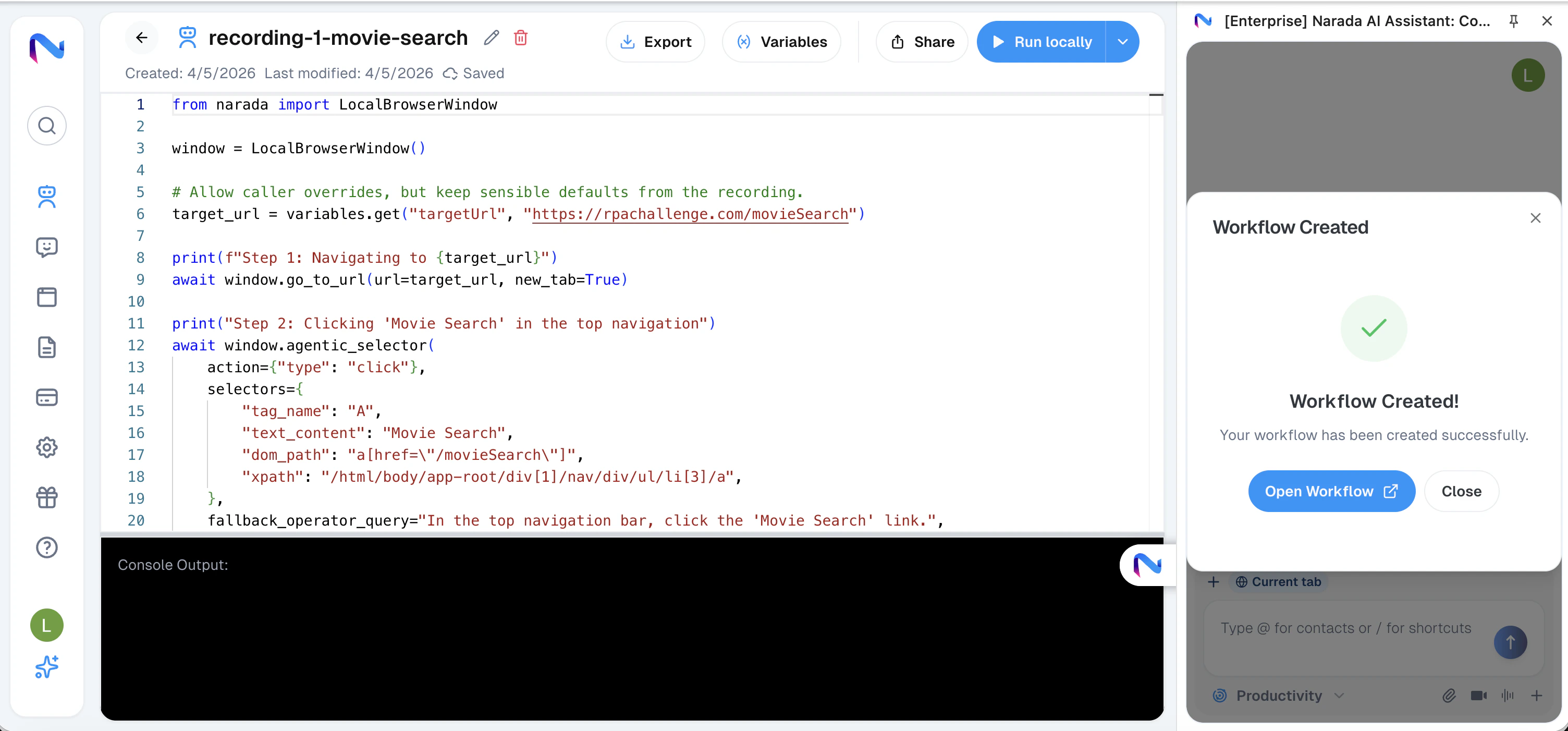 Workflow Created success screen with Open Workflow button